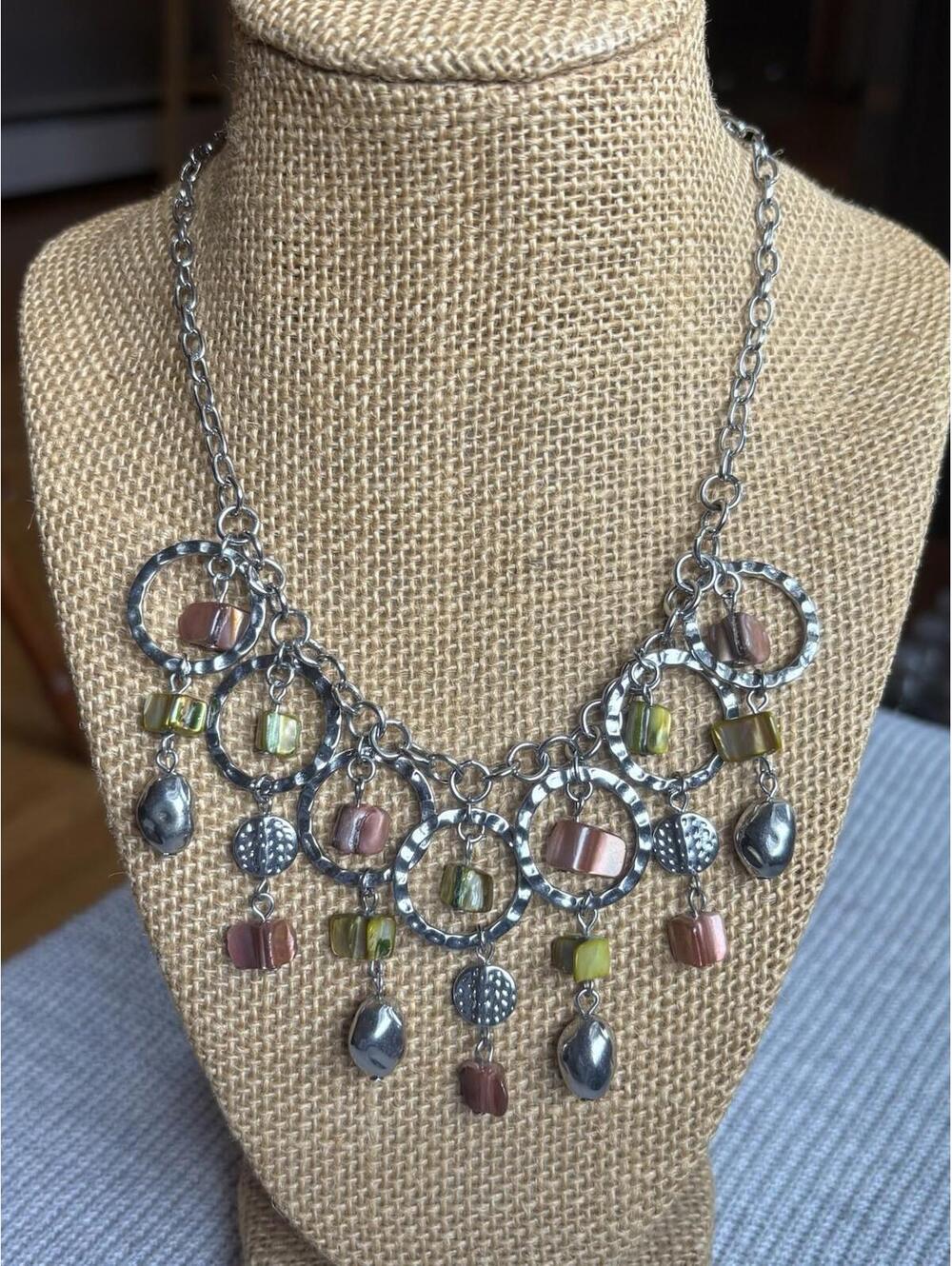 Silver Tone Circle Dangle Necklace Multicolor Beads Statement